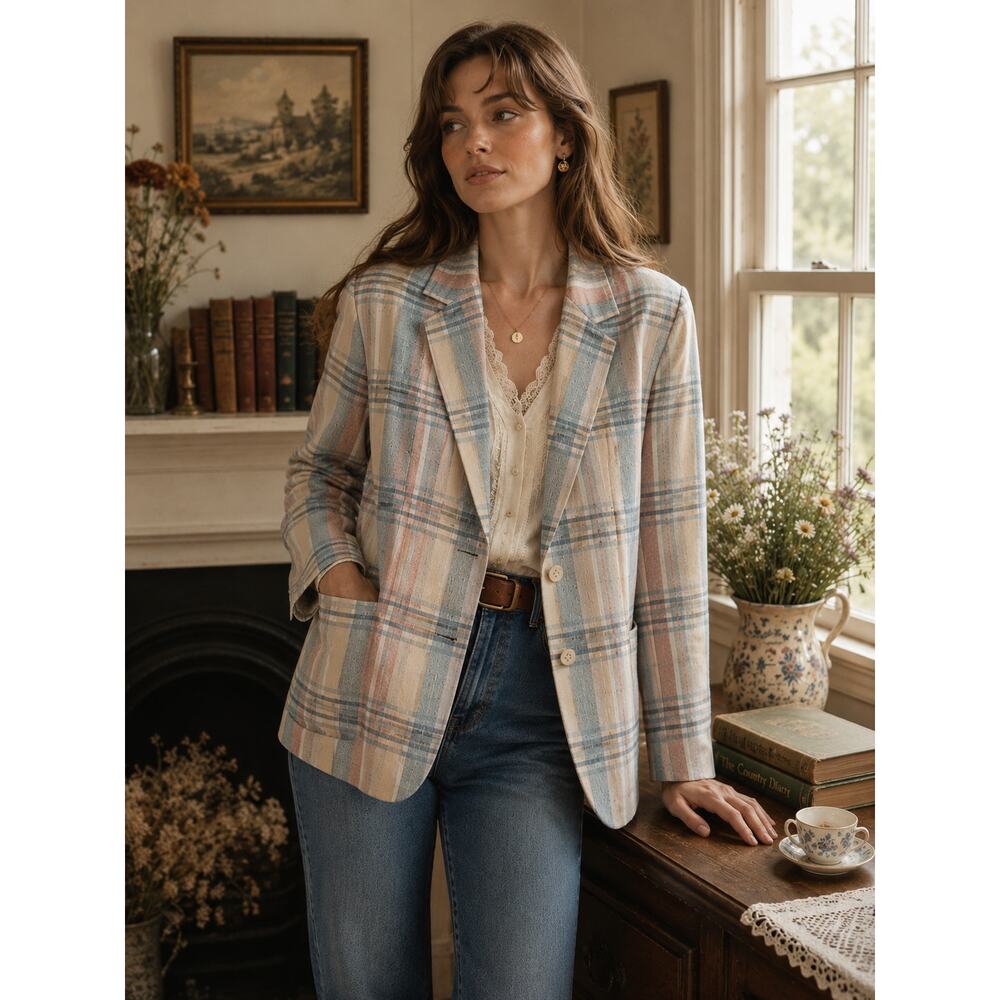 Vintage 70s Patchington Plaid Blazer Retro Cottagecore Academia Jacket Office